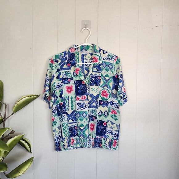 Vintage 1980s Blue Short Sleeve Bright Abstract Blouse Top 80s Office Preppy 90s - Picture 5 of 10